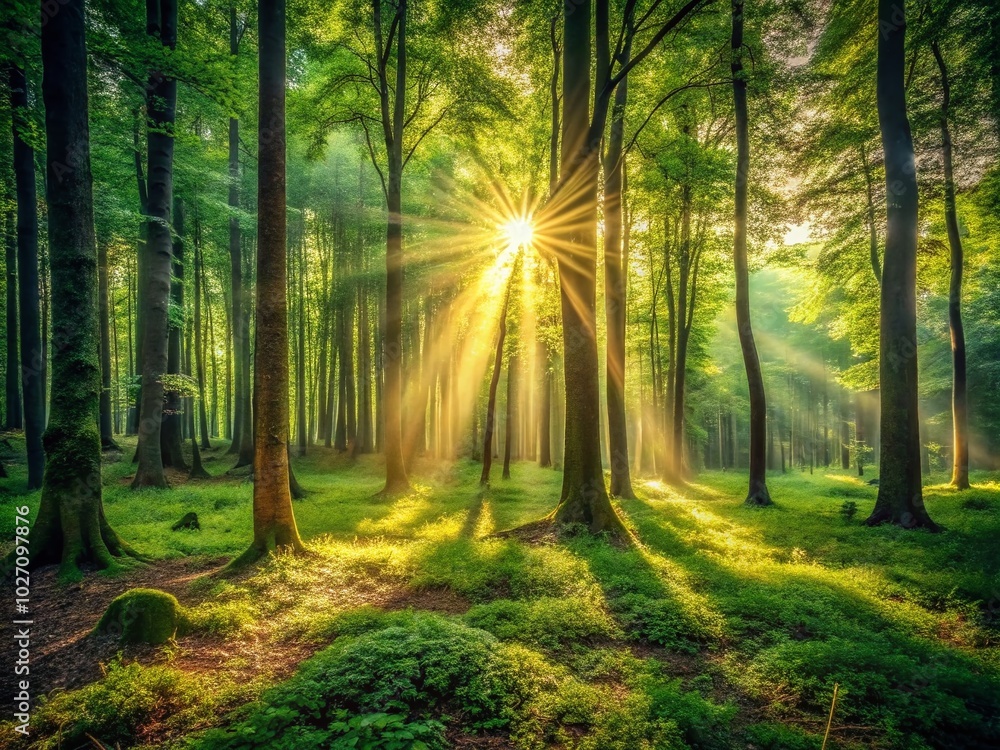 Fototapeta premium Vintage Forest Sun Rays - Captivating Light Beams in Nature