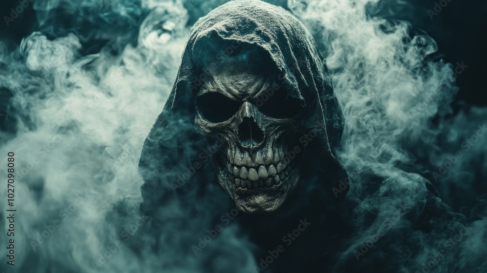 A scary looking skeleton with a hood over its head is standing in front of a clo A scary looking skeleton with a hood over its head is standing in front of a clo