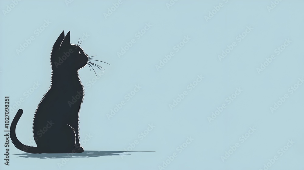 Obraz premium Silhouetted Cat Curled in Japanese Anime Style on Serene Light Blue Background