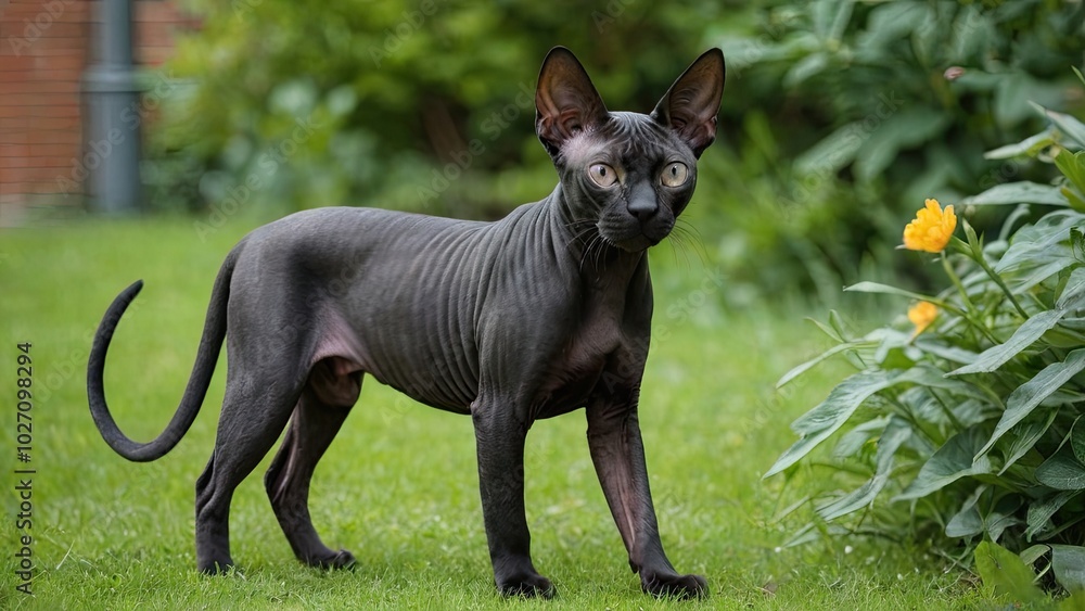 Black sphynx cat in the garden Black sphynx cat in the garden