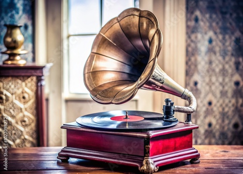 Vintage Gramophone Night Photography with Vinyl Record in Soft Ambient Light