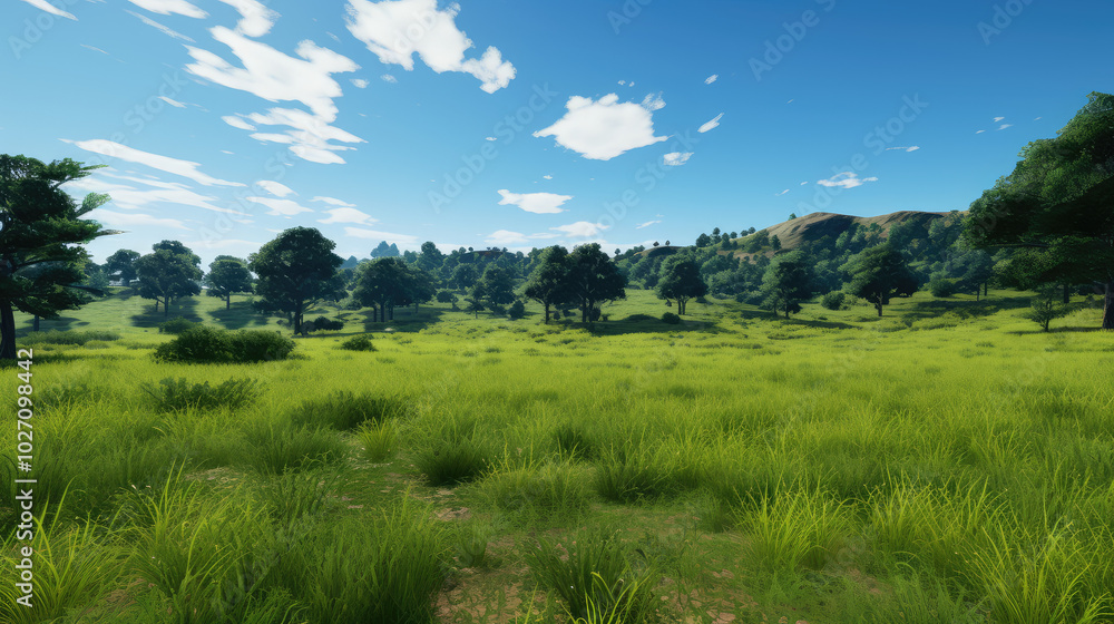 Fototapeta premium Serene Green Meadow Under Blue Sky