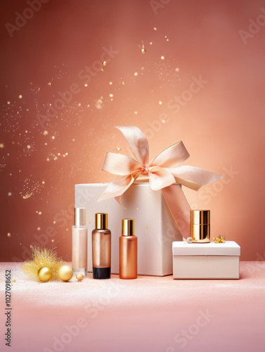 Elegant cosmetic bottles and gift boxes with a satin ribbon are displayed against a soft, sparkling background, symbolizing luxury gifting