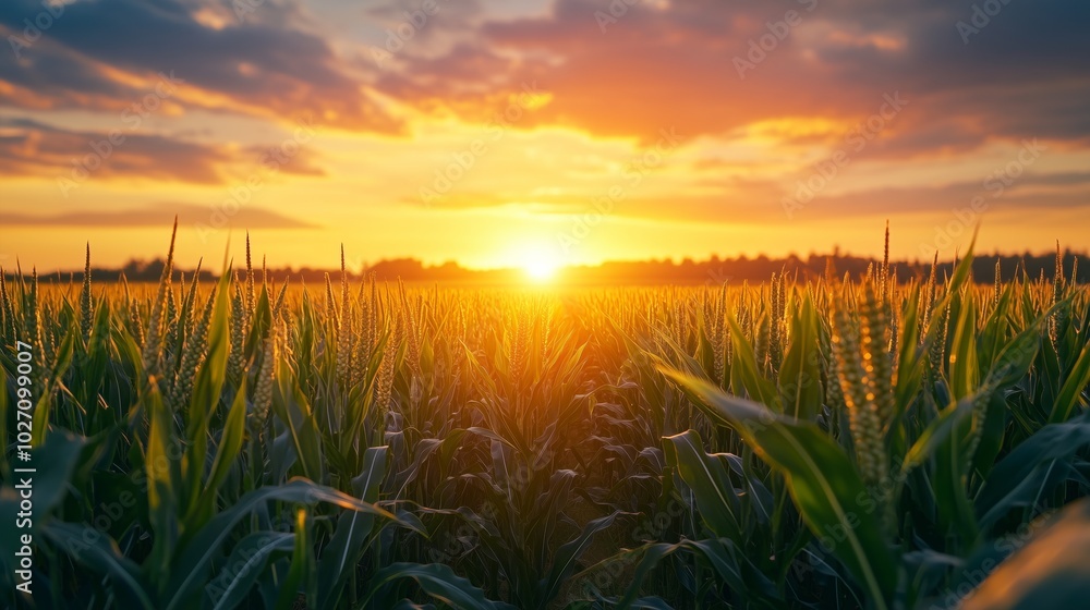 photograph of corn field with sun rising in the background photograph of corn field with sun rising in the background