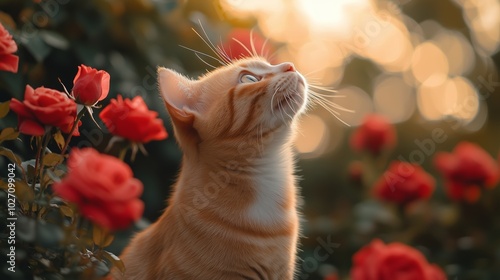 Photography of an orange and white cat, head up to the sky in love with red roses around her, looking at red rose flowers photo