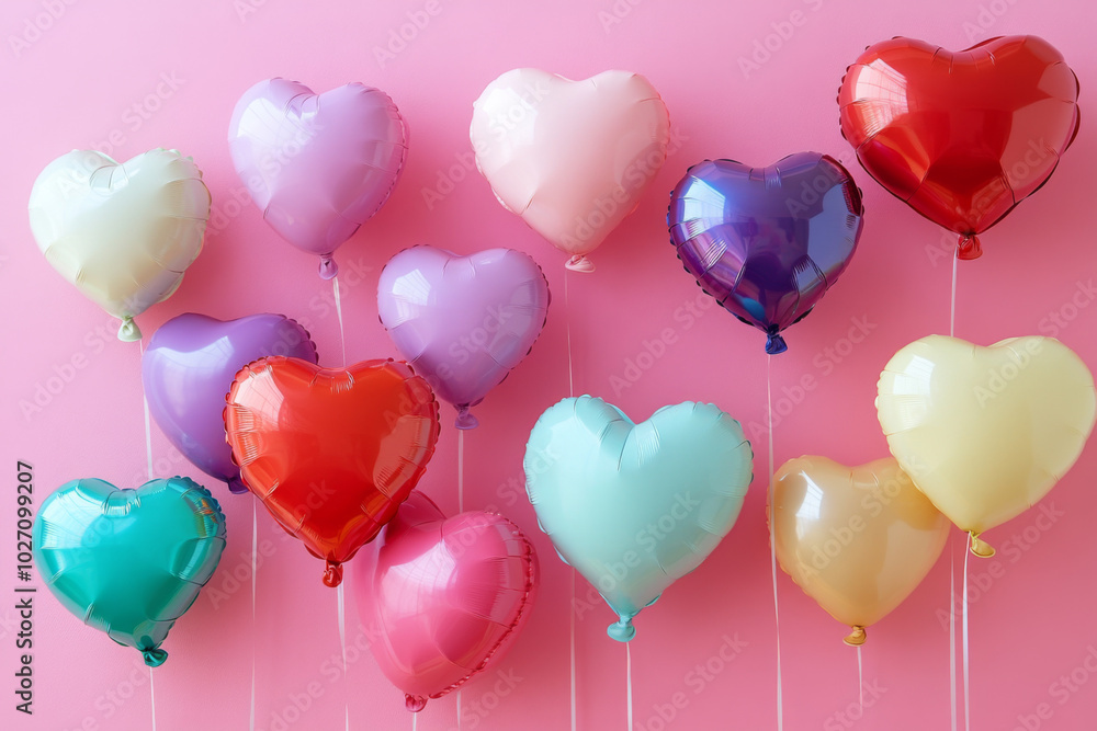 A vibrant collection of heart-shaped balloons on a soft pink background A vibrant collection of heart-shaped balloons on a soft pink background