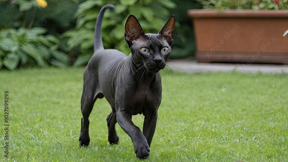 Black sphynx cat in the garden Black sphynx cat in the garden