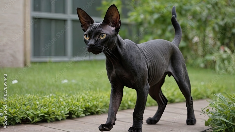 Black sphynx cat in the garden Black sphynx cat in the garden