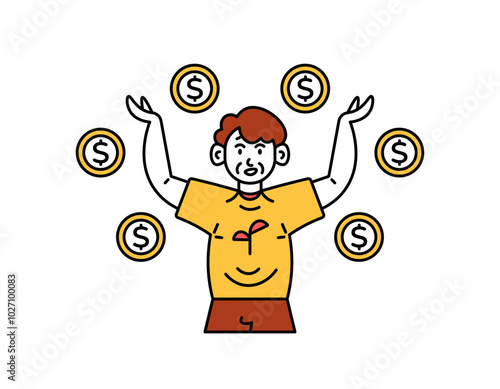 illustration of an old man happy because he got a lot of money from investment. get pension money. harvest investment money. retirement fund. outline style character design. element