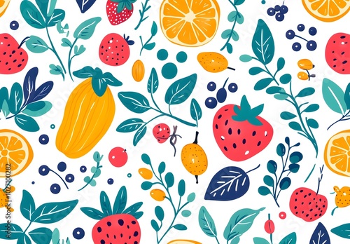 Colorful Fruit and Floral Seamless Pattern