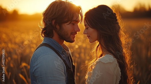 Romantic Couple in a Sunlit Hayfield, Symbolizing Love and Intimacy Generative AI