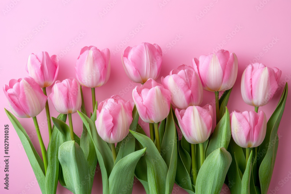 A stunning arrangement of pink tulips against a soft pink background for spring A stunning arrangement of pink tulips against a soft pink background for spring