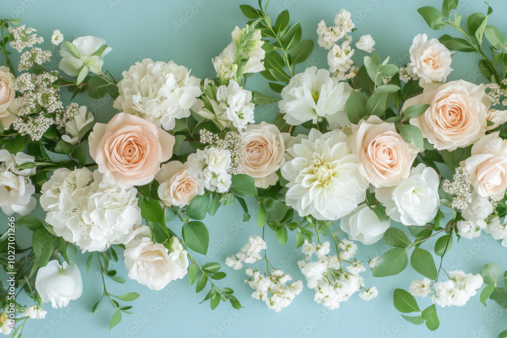 Beautiful floral arrangement with soft pink and white blooms on blue backdrop Beautiful floral arrangement with soft pink and white blooms on blue backdrop