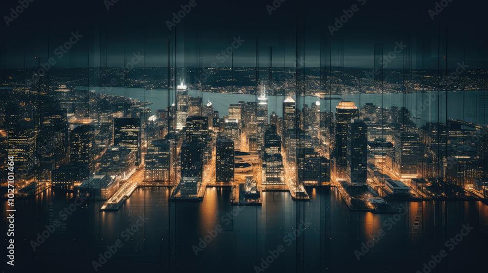 Fotografie Vibrant Night Cityscape Overlooking River