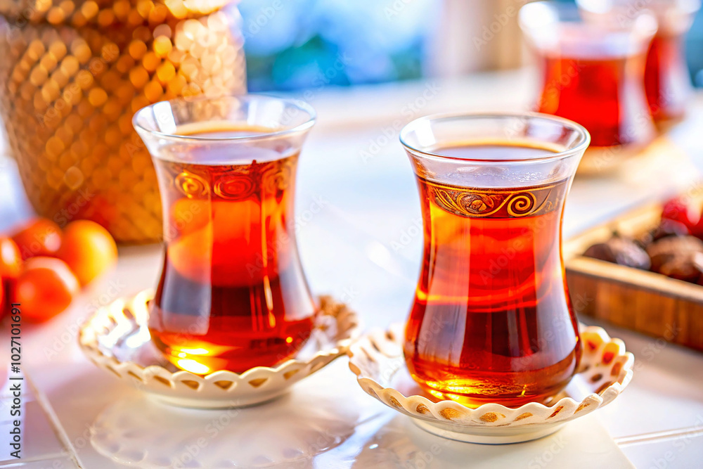 Two Glasses Of Turkish Traditional Tea On A White Table Two Glasses Of Turkish Traditional Tea On A White Table