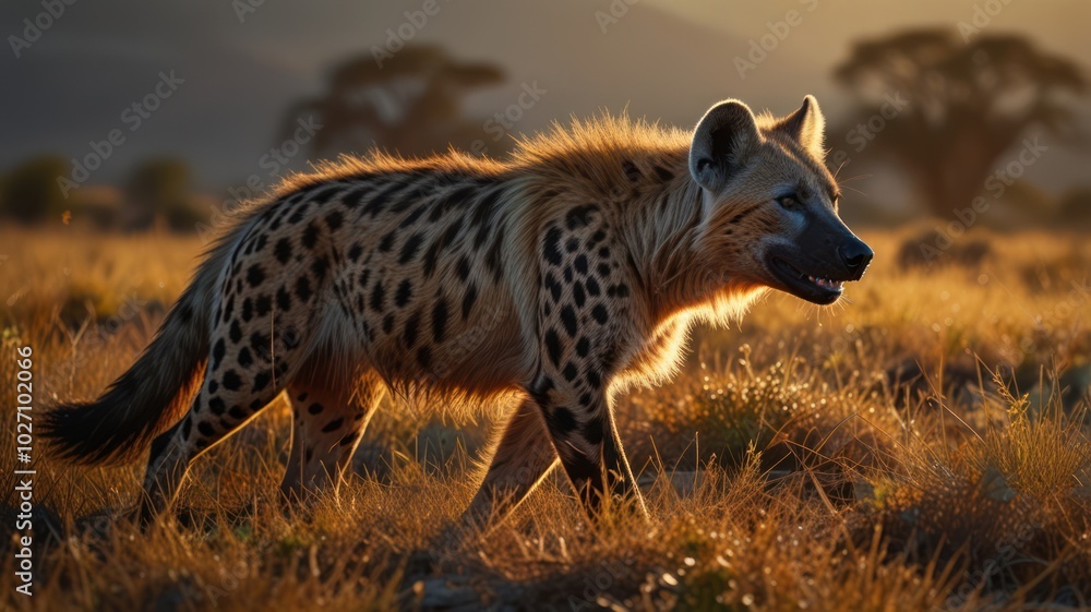 a spotted hyena standing tall in a field bathed in the warm glow of the setting sun. The hyena's spotted coat blends seamlessly with the golden hues of the savanna, creating a sense of camouflage. a spotted hyena standing tall in a field bathed in the warm glow of the setting sun. The hyena's spotted coat blends seamlessly with the golden hues of the savanna, creating a sense of camouflage.