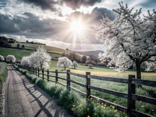 Vintage Spring Landscape of Gerstenfeld with Blooming Flowers and Soft Light photo