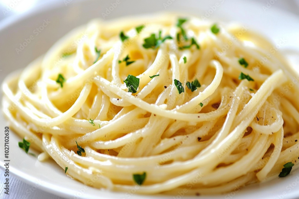 Delicious creamy spaghetti garnished with fresh herbs for an Italian feast Delicious creamy spaghetti garnished with fresh herbs for an Italian feast