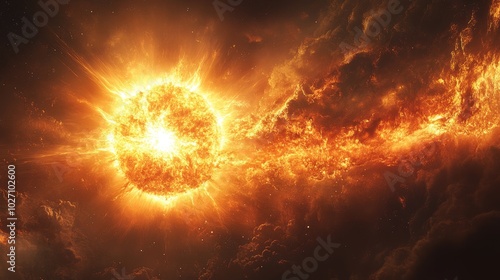 A Vivid Depiction of a Solar Flare Erupting from the Sun, Illustrating the Intense Energy and Potential for Geomagnetic Storms Generative AI