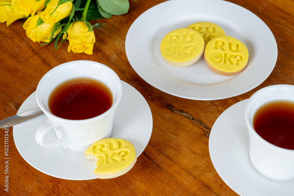 R U OK Day Australia, fundraising morning tea, yellow themed biscuit, mental health depression advocacy, suicide prevention awareness R U OK Day Australia, fundraising morning tea, yellow themed biscuit, mental health depression advocacy, suicide prevention awareness