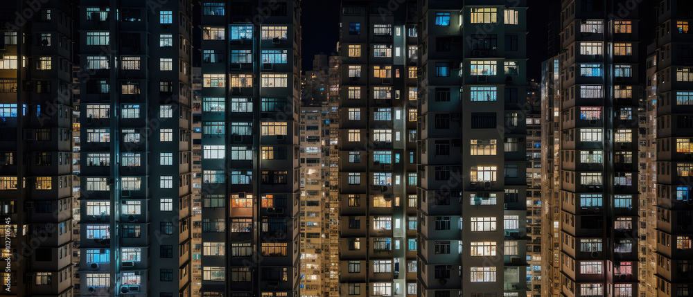 Urban Nightlife: Illuminated Apartment Buildings Facade Urban Nightlife: Illuminated Apartment Buildings Facade