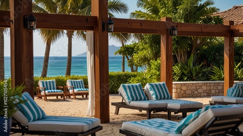 Relaxing lounge chairs with striped cushions on a sandy beach with a view of the ocean and palm trees.