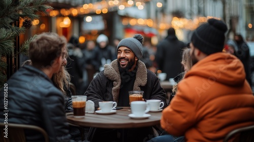 Group of people are sitting around a table in a cafe  enjoying their drinks and each other s company. group of friends is sitting at an outdoor in winter  drinking coffee from white porcelain cups.
