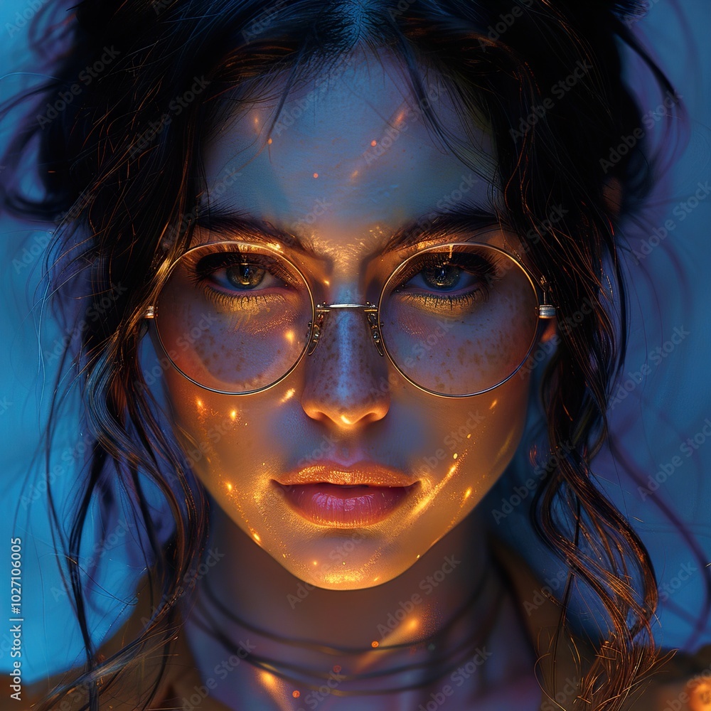 Close-up Portrait of a Woman with Glowing Skin and Round Glasses Close-up Portrait of a Woman with Glowing Skin and Round Glasses