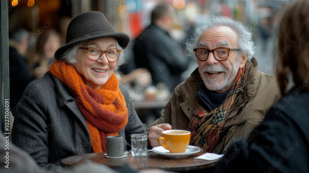 Man with a beard and glasses is smiling and wearing a brown hat. He is standing next to a woman. group of old people male and female people smiling, having fun, cofee, a conversation taken Man with a beard and glasses is smiling and wearing a brown hat. He is standing next to a woman. group of old people male and female people smiling, having fun, cofee, a conversation taken