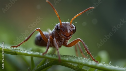 Wallpaper Mural A close-up shot of an ant perched on a green leaf, its antennae extended and its compound eyes looking directly at the camera. Torontodigital.ca