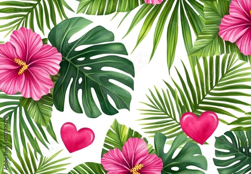 Tropical Leaves and Pink Hibiscus Flowers with Hearts