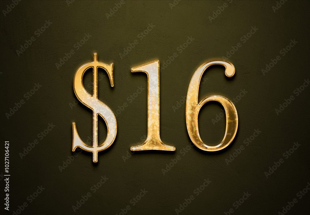 Old gold effect of 16 dollars with 3D glossy style Mockup. Old gold effect of 16 dollars with 3D glossy style Mockup.