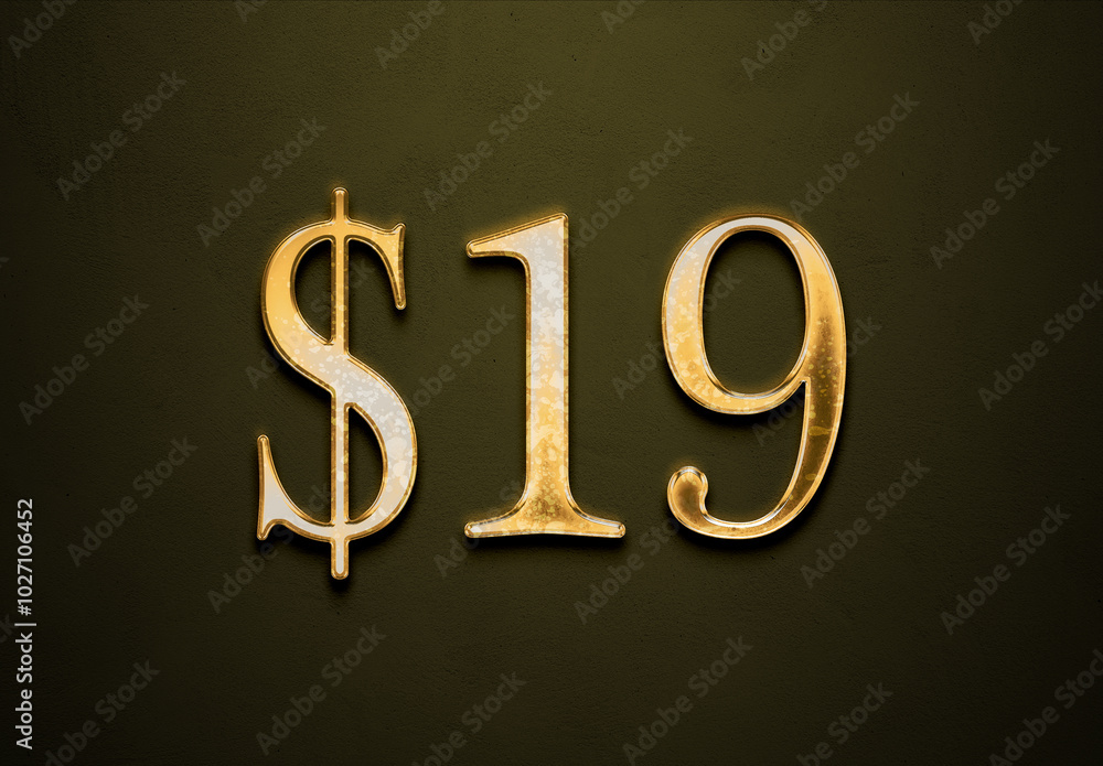 Old gold effect of 19 dollars with 3D glossy style Mockup. Old gold effect of 19 dollars with 3D glossy style Mockup.