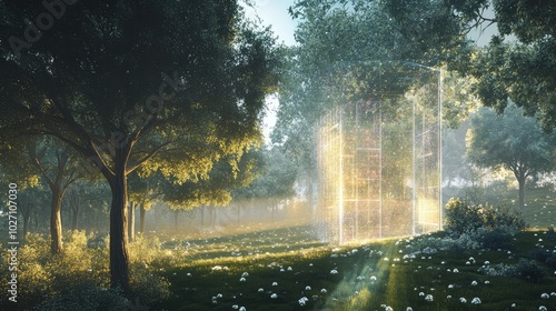 A digital and physical landscape split by a glowing boundary, showing real trees and virtual structures merging into one scene.