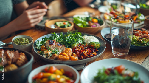 Gathering around a table filled with vibrant dishes during a casual dining experience at lunchtime