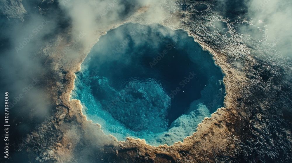 An aerial view of a steaming hot spring with turquoise water and a surrounding rim of yellow and brown rock. An aerial view of a steaming hot spring with turquoise water and a surrounding rim of yellow and brown rock.