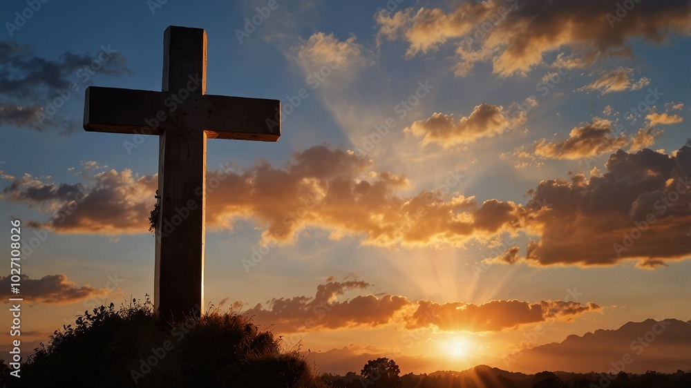 Cross against the sky . Dramatic nature background . Light from sky Cross against the sky . Dramatic nature background . Light from sky