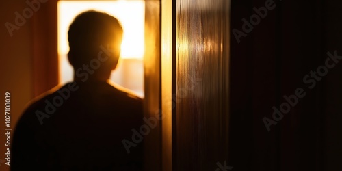 A person stands in a doorway, gazing out at a bright sunrise. Light creates a serene and introspective atmosphere, embodying new beginnings and hope.