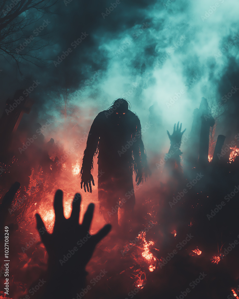 Dark eerie forest scene with silhouette of monster and outstretched hands in foggy atmosphere, creating a chilling supernatural vibe. Dark eerie forest scene with silhouette of monster and outstretched hands in foggy atmosphere, creating a chilling supernatural vibe.