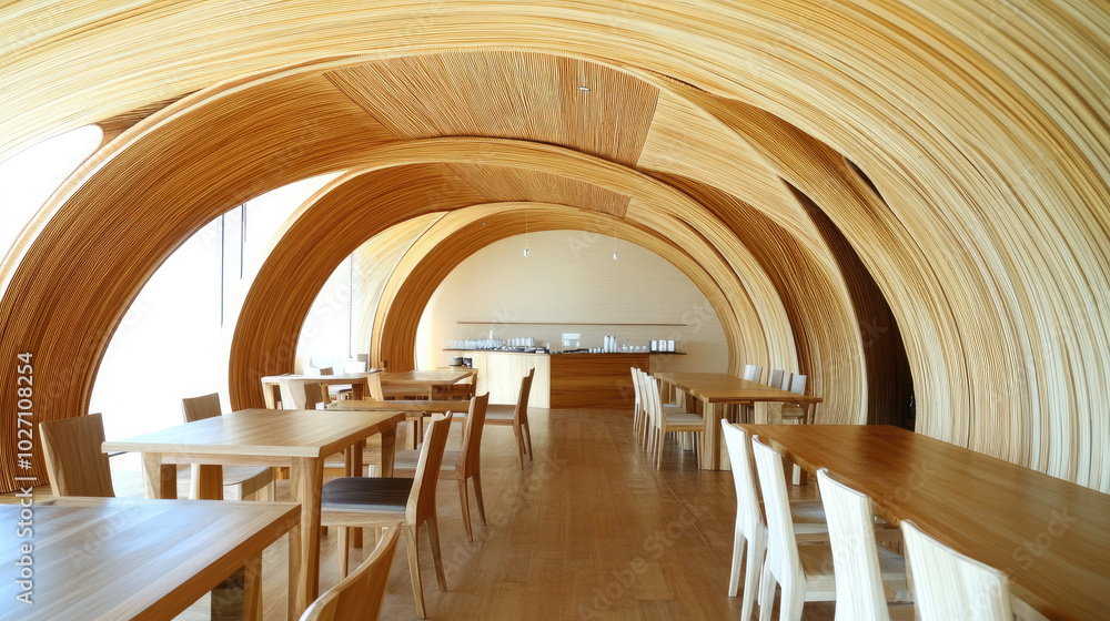 Arched Wooden Ceiling and Light Wood Cabinets Define a Cozy, Spacious Dining Area with Contemporary Flair Arched Wooden Ceiling and Light Wood Cabinets Define a Cozy, Spacious Dining Area with Contemporary Flair