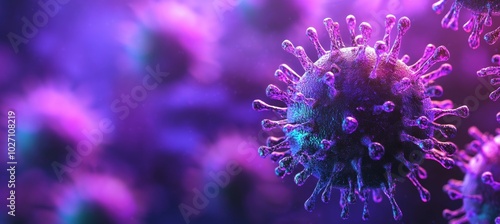 Close-up of a floating virus with purple light on dark background, 3D rendering Generative AI