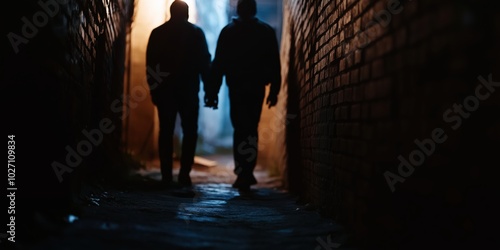 Silhouetted figures walk hand in hand down a dimly lit urban alleyway, creating a dramatic and mysterious scene filled with elements of suspense and intrigue.