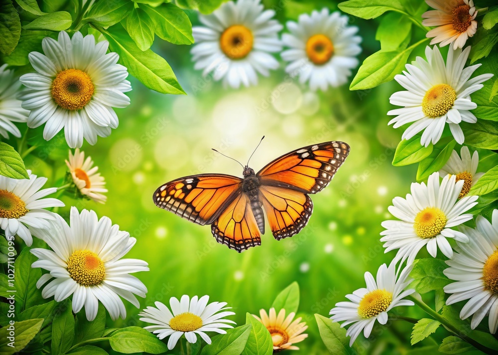 Vivid Green Leaves Frame Bright Butterfly and Daisies for Nature and Spring Stock Photography Vivid Green Leaves Frame Bright Butterfly and Daisies for Nature and Spring Stock Photography