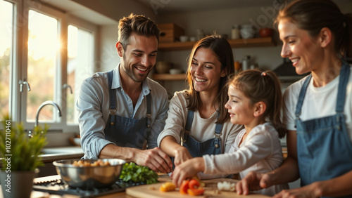 Happy family cooking together in a modern kitchen