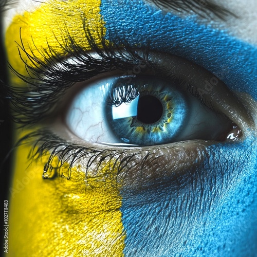 A close-up of an expressive eye adorned with blue and yellow face paint. The vibrant colors symbolize national pride and unity. Ideal for themes of culture and identity. AI photo