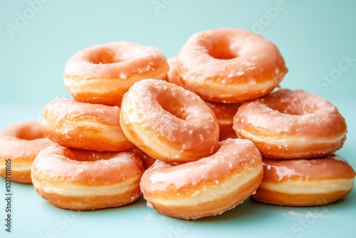 Close-up of a Pile of Bitten Glazed Donuts on a Pastel Blue Background Generative AI