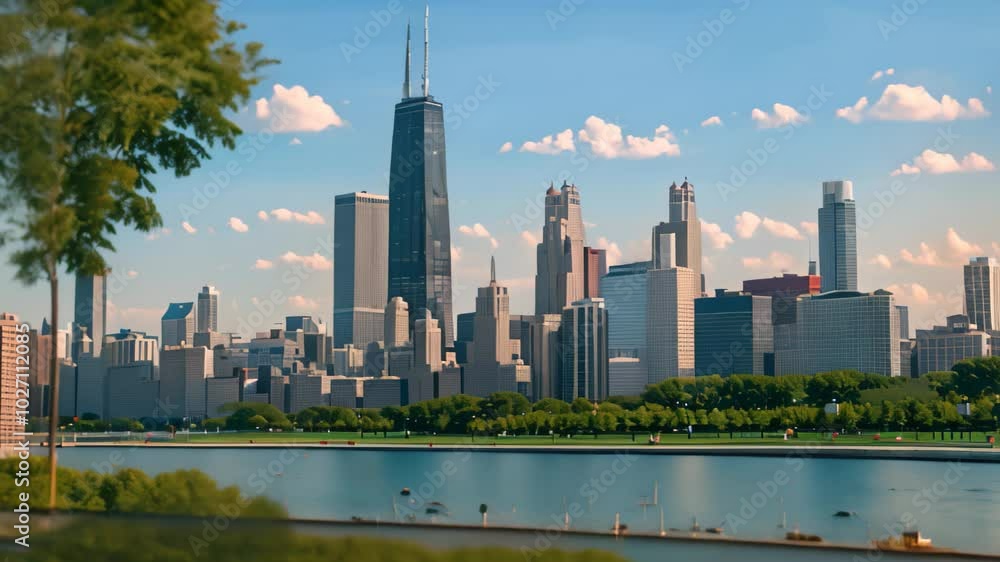 A picturesque view of the Chicago skyline from a park along the lakefront, Highlight the dynamic skyline of Chicago, with varying heights and shapes A picturesque view of the Chicago skyline from a park along the lakefront, Highlight the dynamic skyline of Chicago, with varying heights and shapes