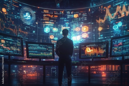 A man stands in front of a wall of screens displaying data and information, representing the vastness and complexity of modern technology.