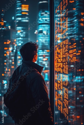 A man stands looking out of a window at a cityscape with blurred lights.