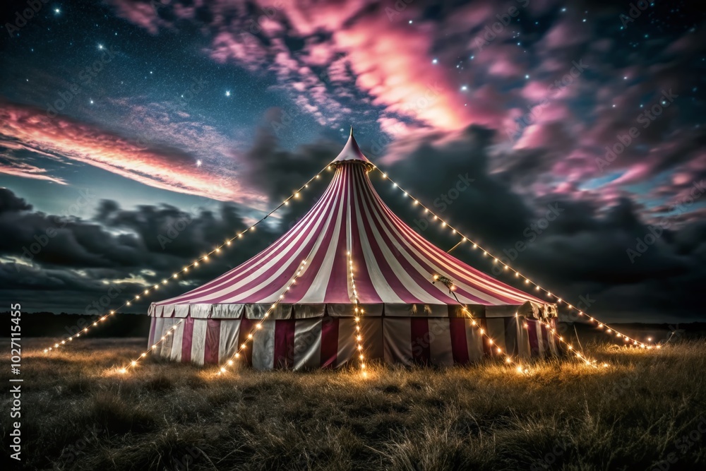 Whimsical Pink and White Striped Circus Tent Under Starlit Sky - Long Exposure Photography Whimsical Pink and White Striped Circus Tent Under Starlit Sky - Long Exposure Photography